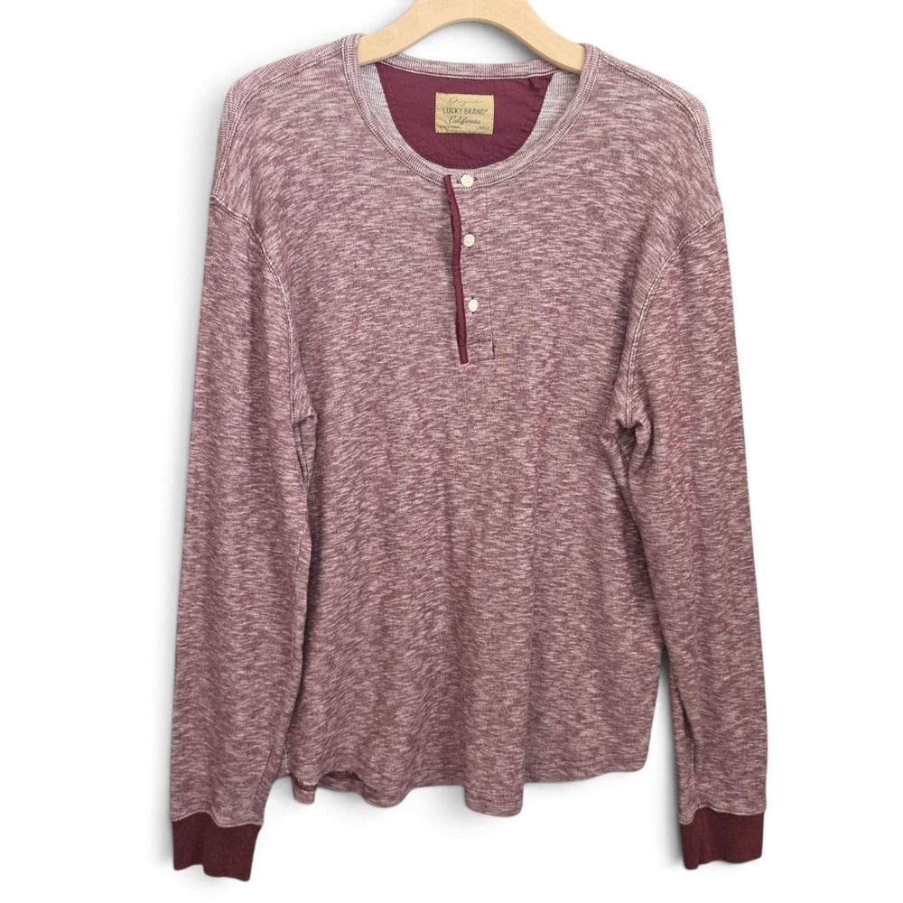 Lucky Brand Shirt Mens Large Maroon Burgundy Heather Henley Shirt Long Sleeve